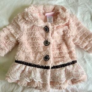 Little Lass Girls Fur Jacket Pink & Gray Silver Glitter Size 3-6MSparkle Buttons